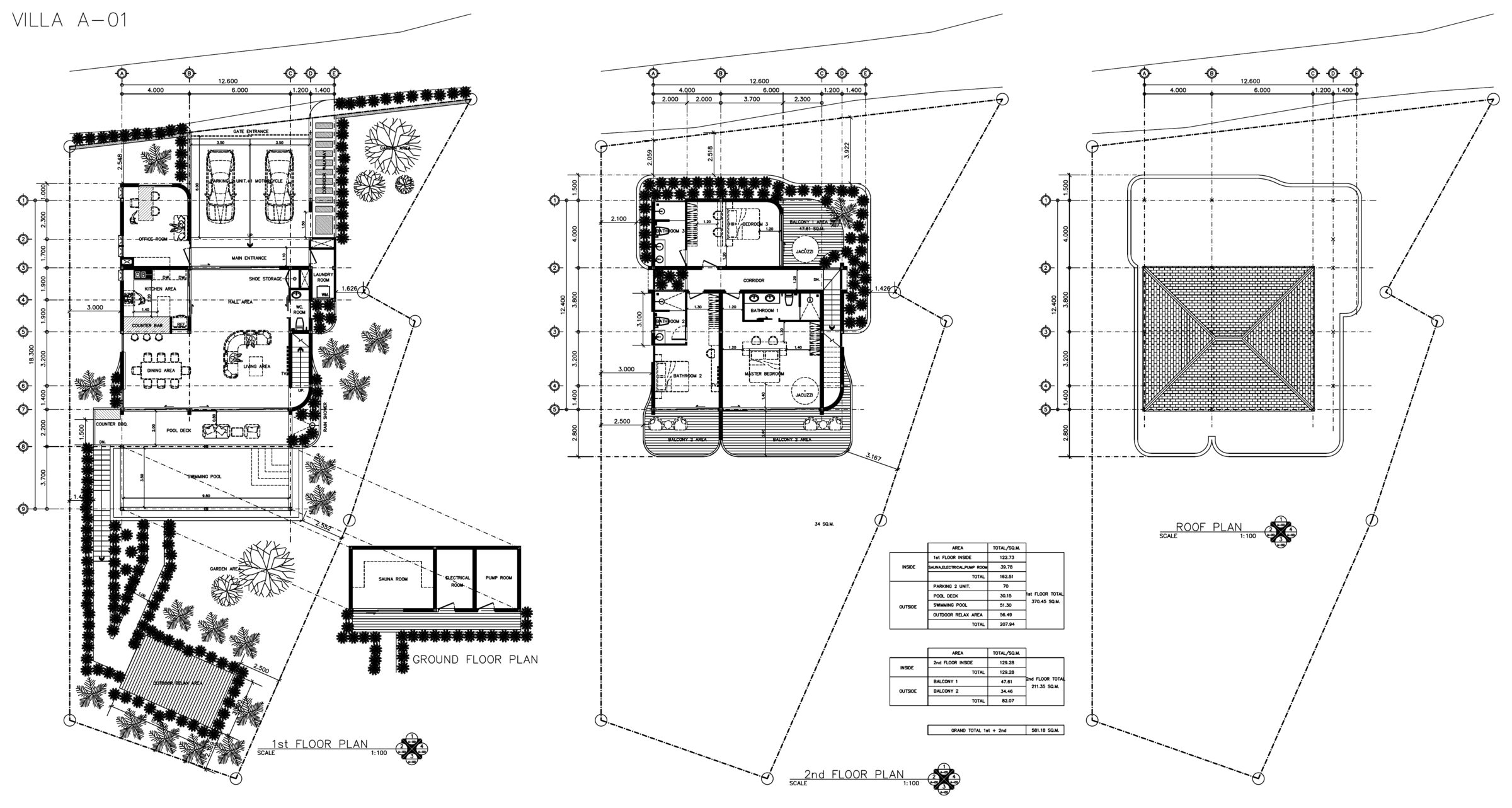 Ground, first, second and roof floor plans of Alaya Villa 01, the flagship residence