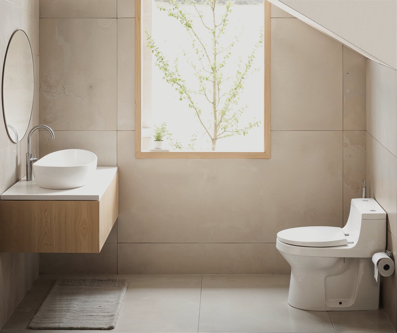 Bathroom of an Alaya villa, natural stone and timber