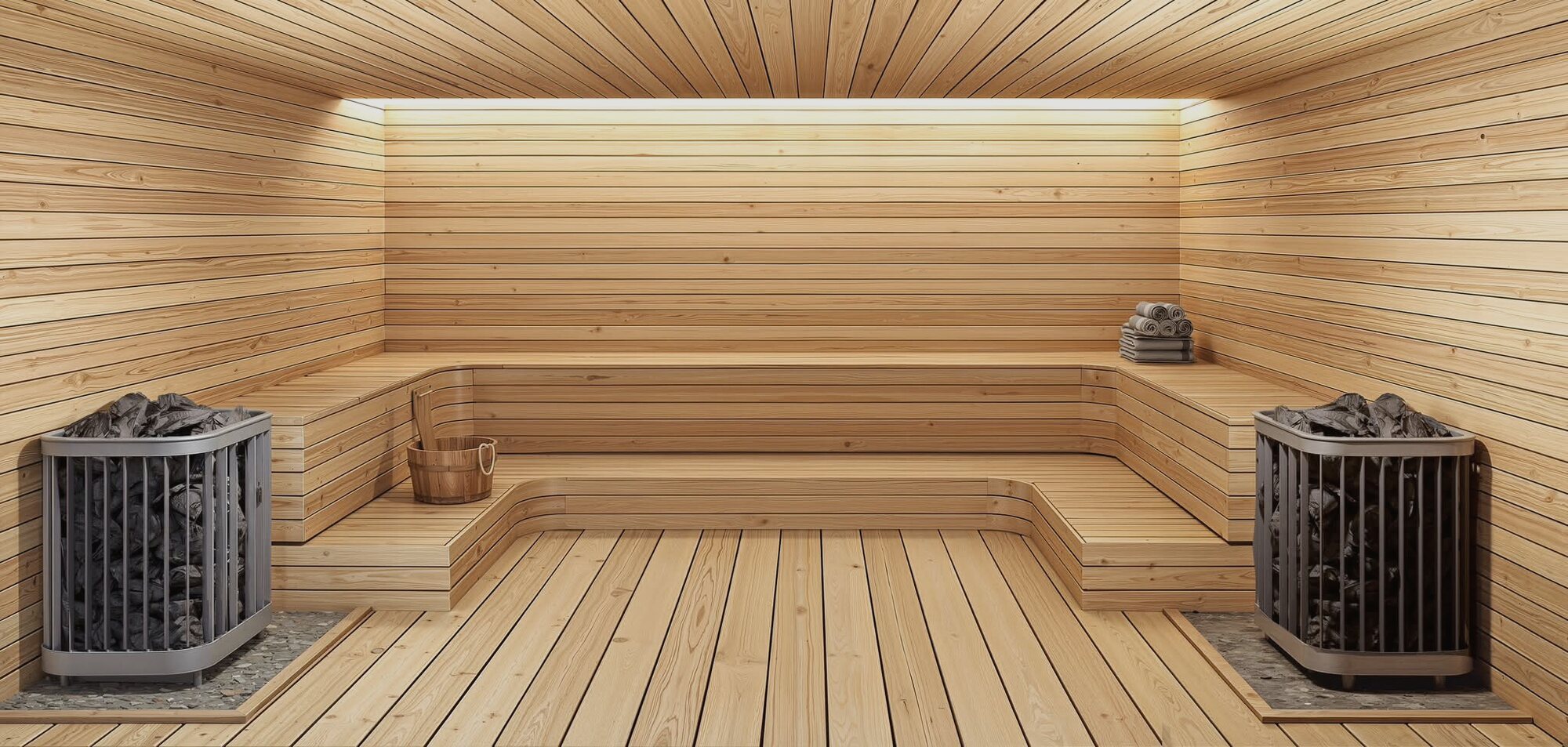 Timber sauna with two stone heaters, Alaya flagship villa